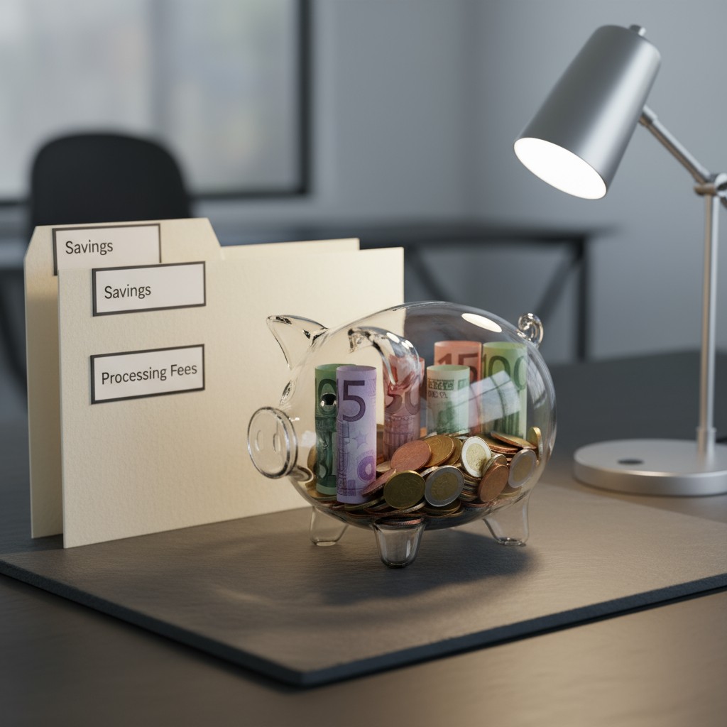 Piggy bank filled with money and coins on desk with saving and processing fees folder next to a lamp.