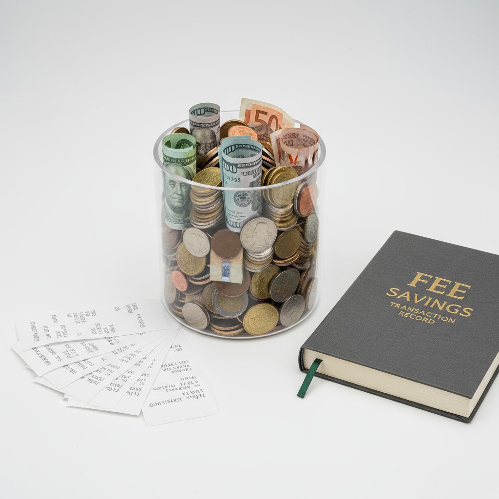 Cash jar, book titled "FEE SAVINGS TRANSACTION RECORD," receipt/footer cards.