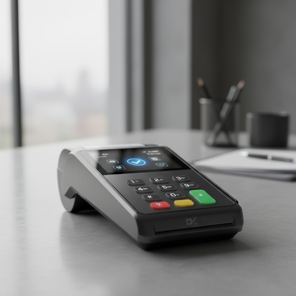 An image of a wireless device sitting on a counter, looking like a payment card reader with a stand-up base, offering a pa...