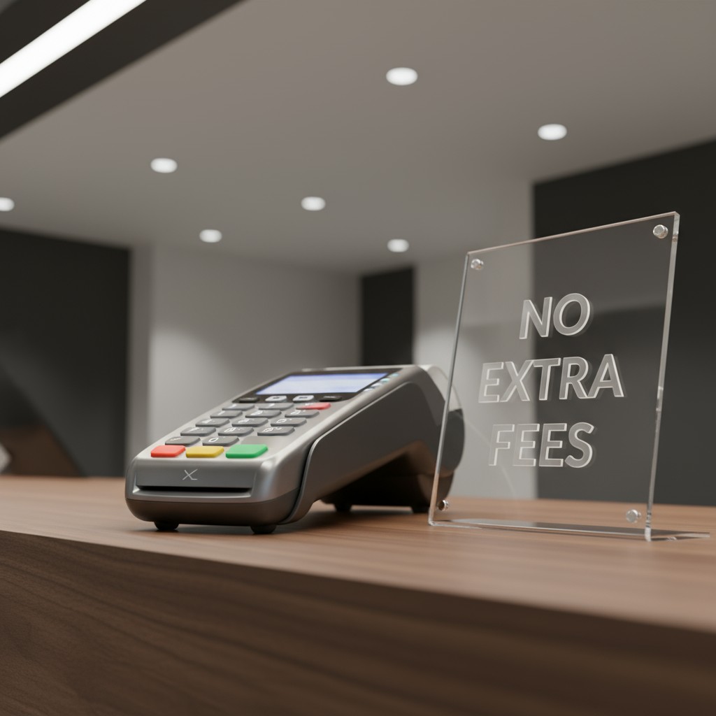 title Credit card reader on counter with transparent sign that reads 'No extra fees' in front of it.