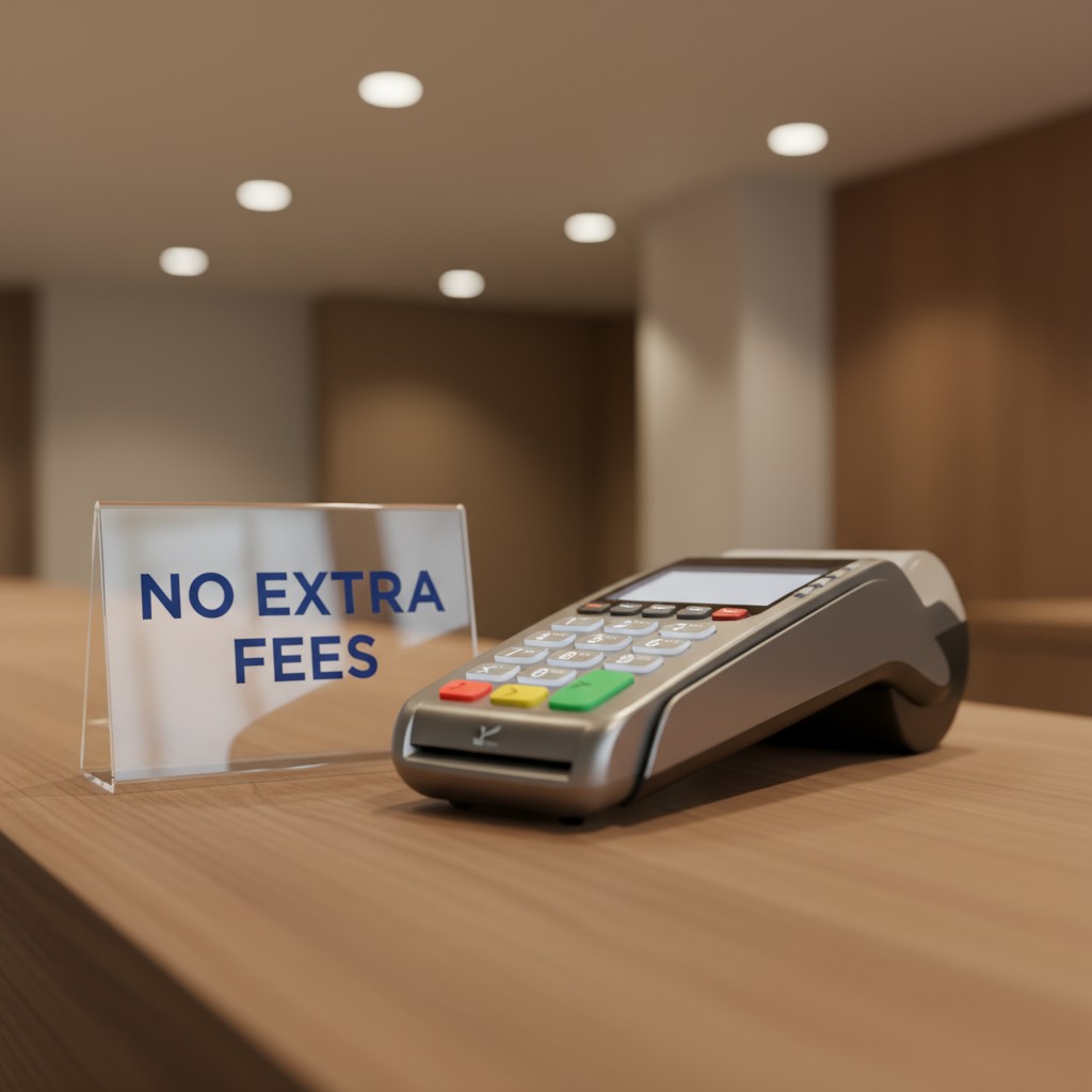 "Credit card machine and sign reading 'No Extra Fees,' in an office setting."